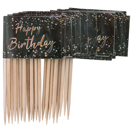 Stapel Happy Birthday prikkers met glanzende zwarte vlaggetjes en stipjes in goud, roségoud en zilver