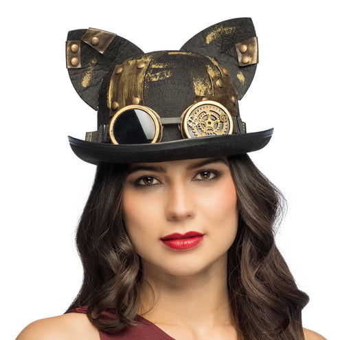 Steampunk hoed Steamcat zwart met kattenoren en goudkleurige stofbril met tandwielen, vooraanzicht