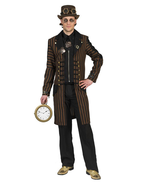 Steampunk jas Steve in bruin met zwarte strepen, zwarte revers en goudkleurige knopenrijen, voor heren tijdens carnaval