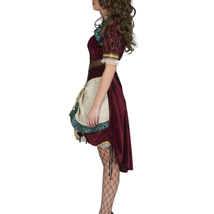 Steampunk jurk Victoria van opzij: opgenomen crème overrok met groene ruches en korte pofmouw