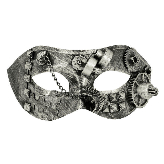 Steampunk oogmasker Steamgear in zilvergrijs met tandwielen, klinknagels en kettinkje