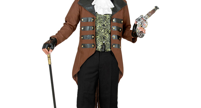 Steampunk pak heren Berry met bruine slipjas, groen bedrukt vest en witte jabot, voor een themafeest