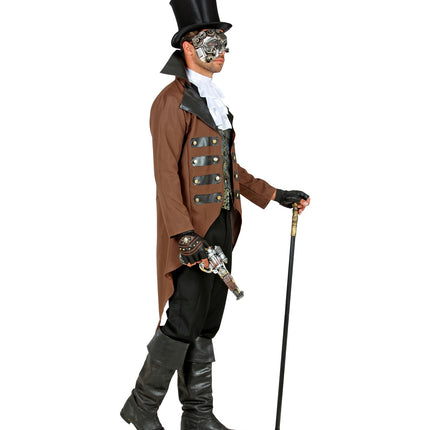 Steampunk pak heren Berry van de zijkant, met hoge staande kraag en lang uitlopend pand