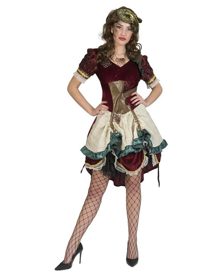 Steampunk pak Victoria dames in bordeauxrood met bruin korsetdeel en crème overrok, voor carnaval