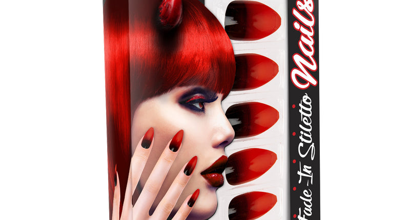 Stiletto nagels rood zwart in verpakking van Widmann met zelfklevende nagels voor Halloween