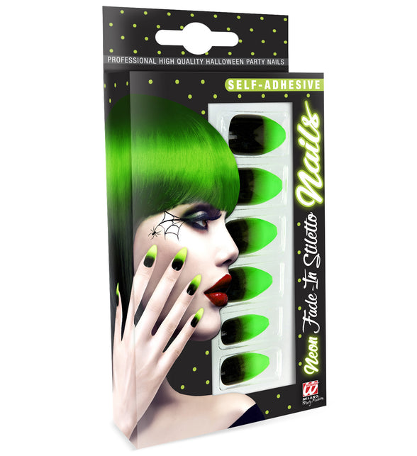 Stiletto nagels zwart neon groen in verpakking met zelfklevende plaknagels voor Halloween