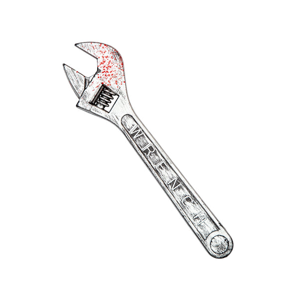 Stoere nep Baco in zilvergrijs met rode bloedspatten op de bek en opdruk WRENCH in de steel