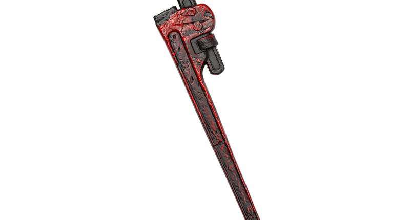 Stoere nep pijpsleutel in zwart met rode bloedspatten over de steel, horroraccessoire voor Halloween