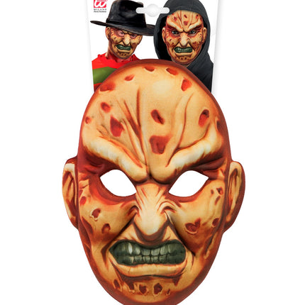 Stoffen Freddy masker voor heren in verpakking met Halloween-horrorprint