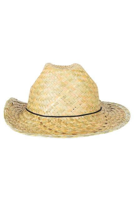 Strohoed Texas ranger naturel met ingedeukte bol, brede rand en zwart koord, voor een westernfeest