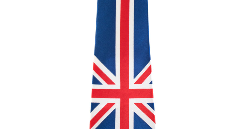 Stropdas Engelse vlag met glanzende Union Jack print in rood, wit en blauw, geknoopt weergegeven
