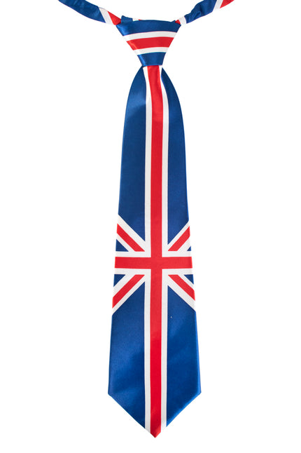 Stropdas Engelse vlag met glanzende Union Jack print in rood, wit en blauw, geknoopt weergegeven