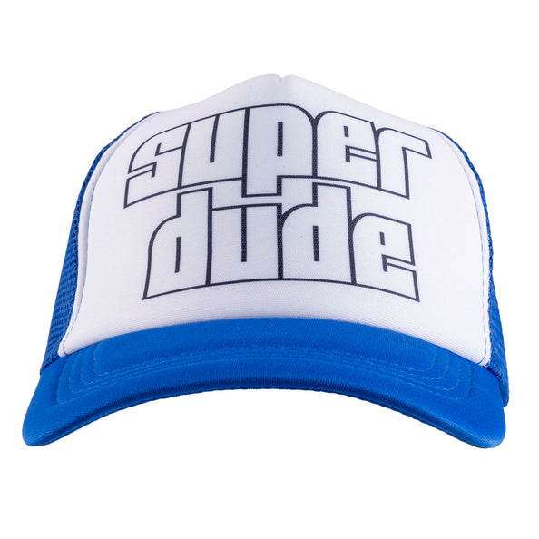 Super dude pet blauw wit met zwarte opdruk op wit voorpand en blauwe klep