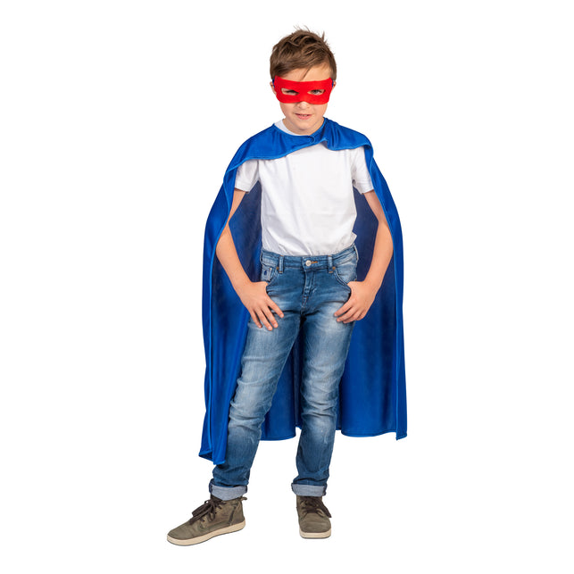 Super Hero kostuum Jerome kinderen blauw: blauwe cape met rood oogmasker, vooraanzicht
