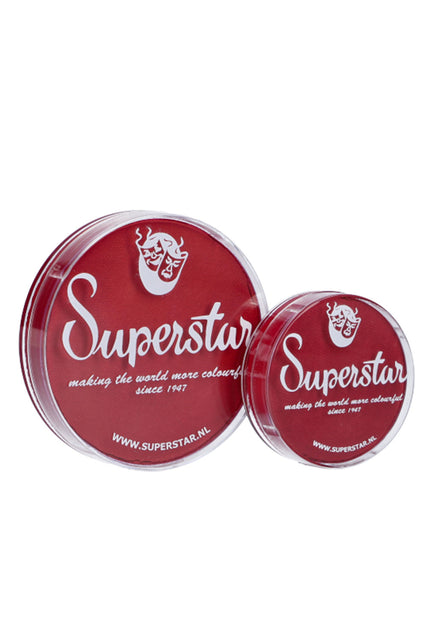 Superstar schminkbakjes met wit logo en kersenrode inhoud, klaar voor een carnavalslook