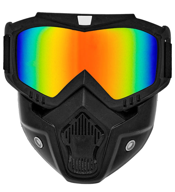 Tactisch masker met regenboog spiegelglazen, zwart mondstuk met ventilatierooster, vooraanzicht