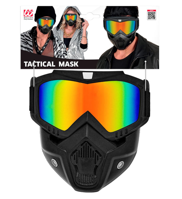 Tactisch masker regenboog in verpakking met zwarte bandjes aan de zijkanten