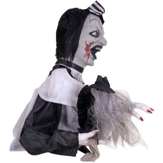 Tafelclown animatronic van 55 cm van de zijkant, zwart-wit gewaad met geplooide kraag