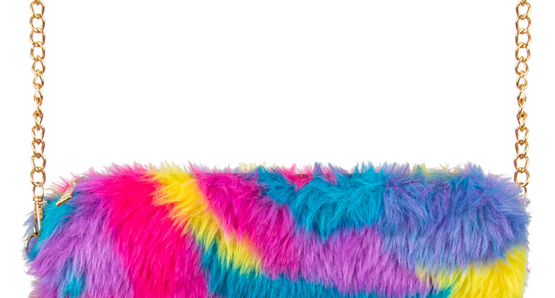Tasje pluche regenboog met fel roze, paarse en gele vlekken en goudkleurige schakelketting