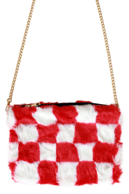 Tasje rood-wit geblokt met groot blokpatroon in zachte pluche en goudkleurige schakelketting voor carnaval