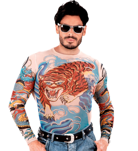 Tattoo shirt tijger en draak met oranje tijger op de borst en blauwe draken op de mouwen, voor heren