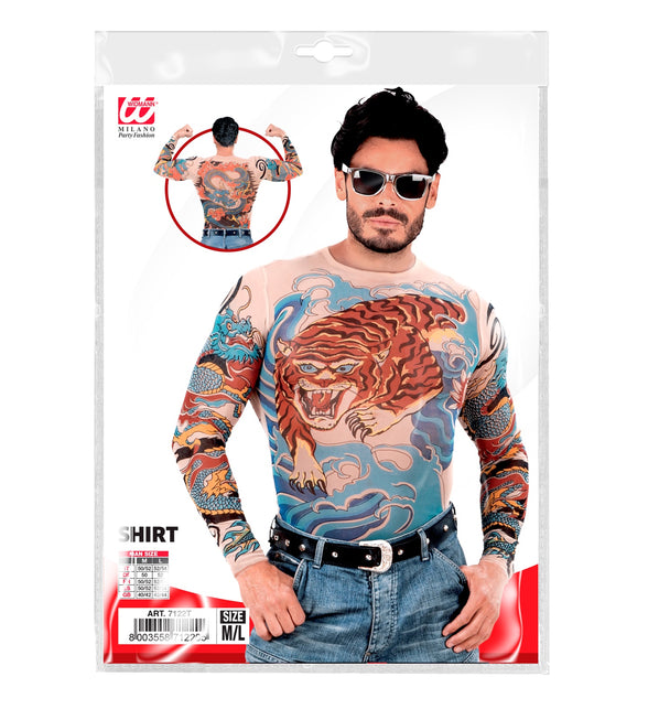 Tattooshirt tijger en draak in de verpakking van Widmann met maataanduiding M en L