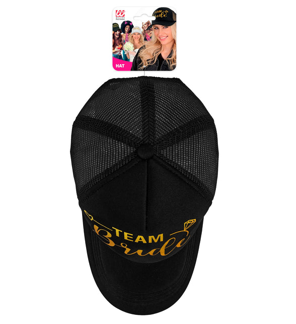 Team Bride pet van bovenaf met zwarte meshpanelen en gouden tekst op de klep