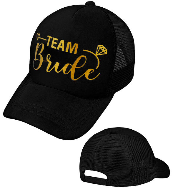 Team Bride pet zwart met gouden opdruk, voor- en achterzijde met verstelbare clipsluiting