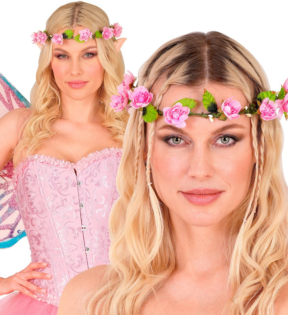 Tiara bloemen roze gedragen bij een elfenlook met vlechtjes, roze bloemen op het voorhoofd