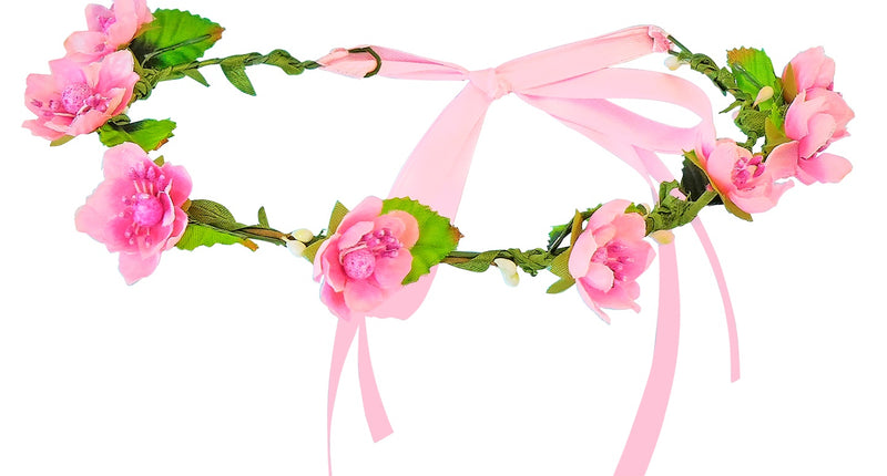 Tiara bloemen roze met roze bloesems, groene blaadjes en roze strikbanden, plat gelegd