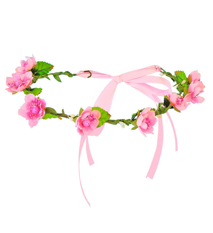 Tiara bloemen roze met roze bloesems, groene blaadjes en roze strikbanden, plat gelegd