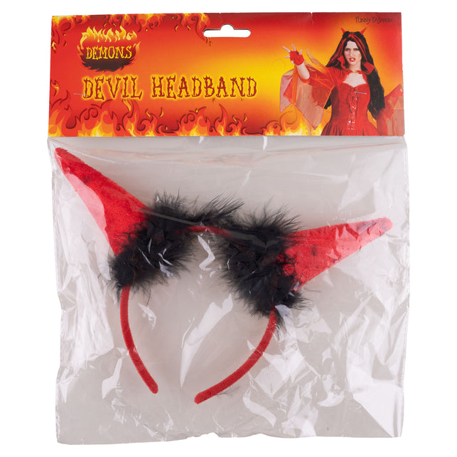 Tiara duivel hoorntjes met veertjes in de verpakking van Funny Fashion, voor Halloween