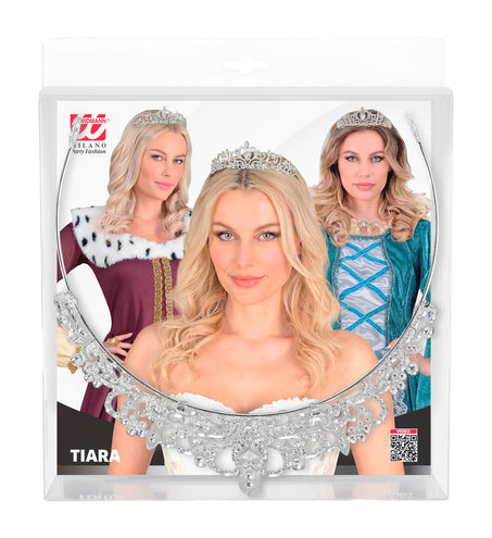 Tiara strass voor dames in verpakking, zilverkleurige haarkroon met metalen beugel