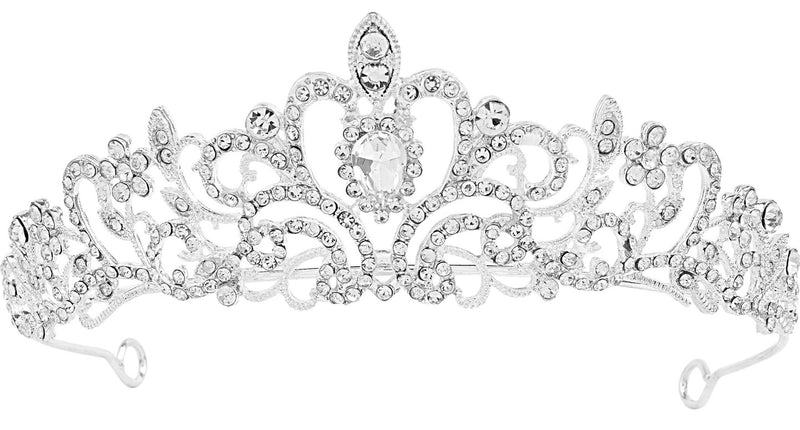 Tiara strass voor dames in zilver met krullenmotief en grote druppelvormige steen in het midden