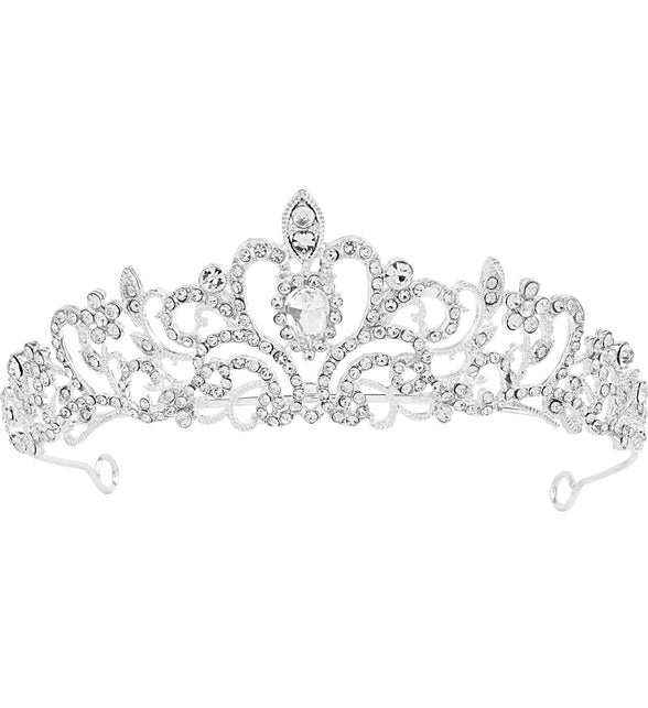 Tiara strass voor dames in zilver met krullenmotief en grote druppelvormige steen in het midden