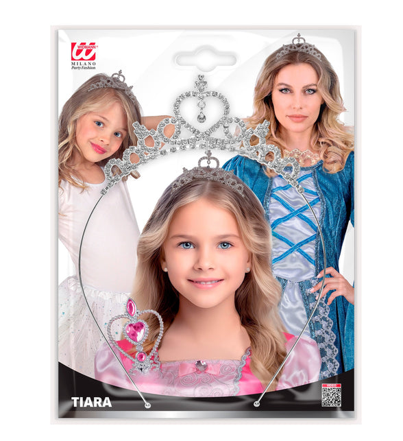 Tiara strass met hanger in verpakking, zilverkleurige diadeem voor meisjes en dames