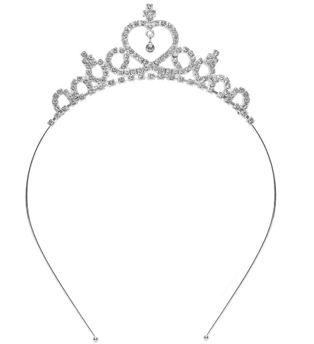 Tiara strass met hanger in zilverkleur met hartvorm en hangend steentje op smalle metalen beugel
