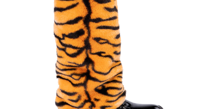Tijger beenwarmers oranje met zwarte strepen, harige beenkap van onder de knie tot over de schoen, voor carnaval