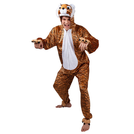 Tijgerpak volwassenen als pluche jumpsuit met rits over de volle voorzijde, voor een themafeest