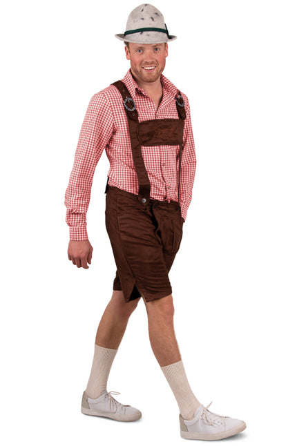 Tiroler blouse rood/wit met klein blokjesruit en lange mouwen, gedragen op Oktoberfest