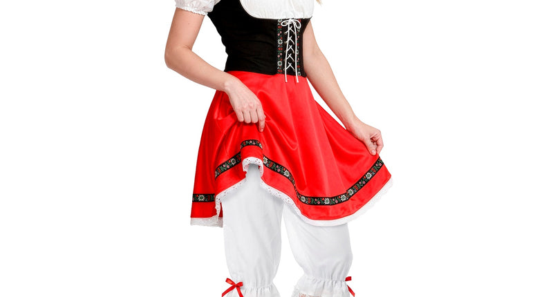 Tiroler broek wit met kant, witte kniebroek met kanten zoom onder rode dirndlrok, voor Oktoberfest