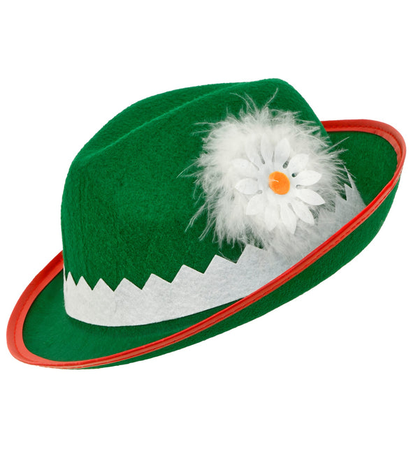 Tiroler hoed bierfeest groen met witte zigzagband, rode bies en witte bloem met pluim