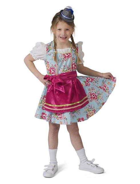 Tiroler jurkje Greta meiden met lichtblauwe bloemenjurk, witte blouse en roze schort voor Oktoberfest
