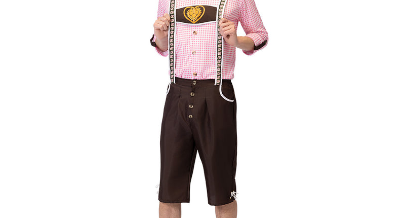 Tiroler kostuum heren Herr Schmidt met roze geruit shirt en bruine kniebroek met bretels voor Oktoberfest