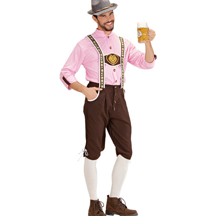 Tiroler oktoberfest kleding Mario schuin gezien, bruine kniebroek met witte biezen en knoopsluiting