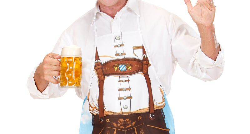 Tiroler schort Lederhose Alex met bruine bretels en Beiers wapen, gedragen door man met bierpul op Oktoberfest