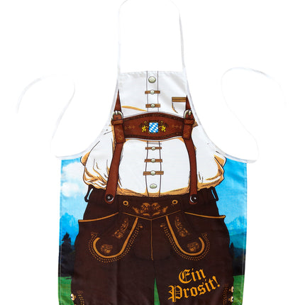 Tiroler schort met lederhose-opdruk, witte halsband en tekst Ein Prosit in oranje letters, plat gefotografeerd