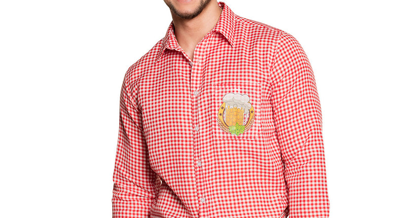 Tiroler shirt heren rood-wit geruit met bierpul-opdruk op de borstzak, voor Oktoberfest