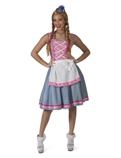 Tirolerjurk Steffie dames met blauwe rok, roze geruit rijglijfje en witte schort voor Oktoberfest
