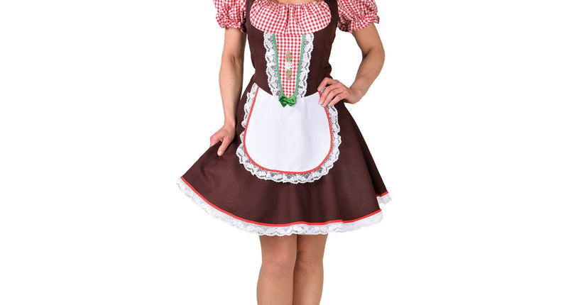 Tiroolse Betsy dirndl in bruin met rood-wit geruit bovenstuk en wit schort met kant, voor Oktoberfest